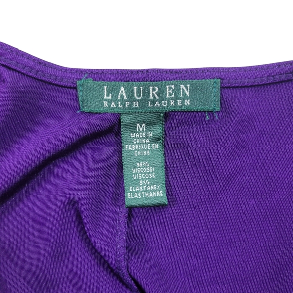 Ralph Lauren Sheath Dress Womens M Royal Purple Midi Faux Wrap Ruched Stretchy - Picture 3 of 12
